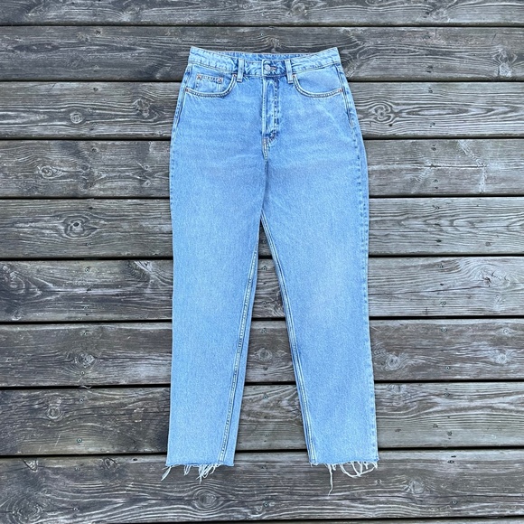 Jeans: H&M Light Blue High Waist Slim Leg Frayed Demin - Picture 7 of 12